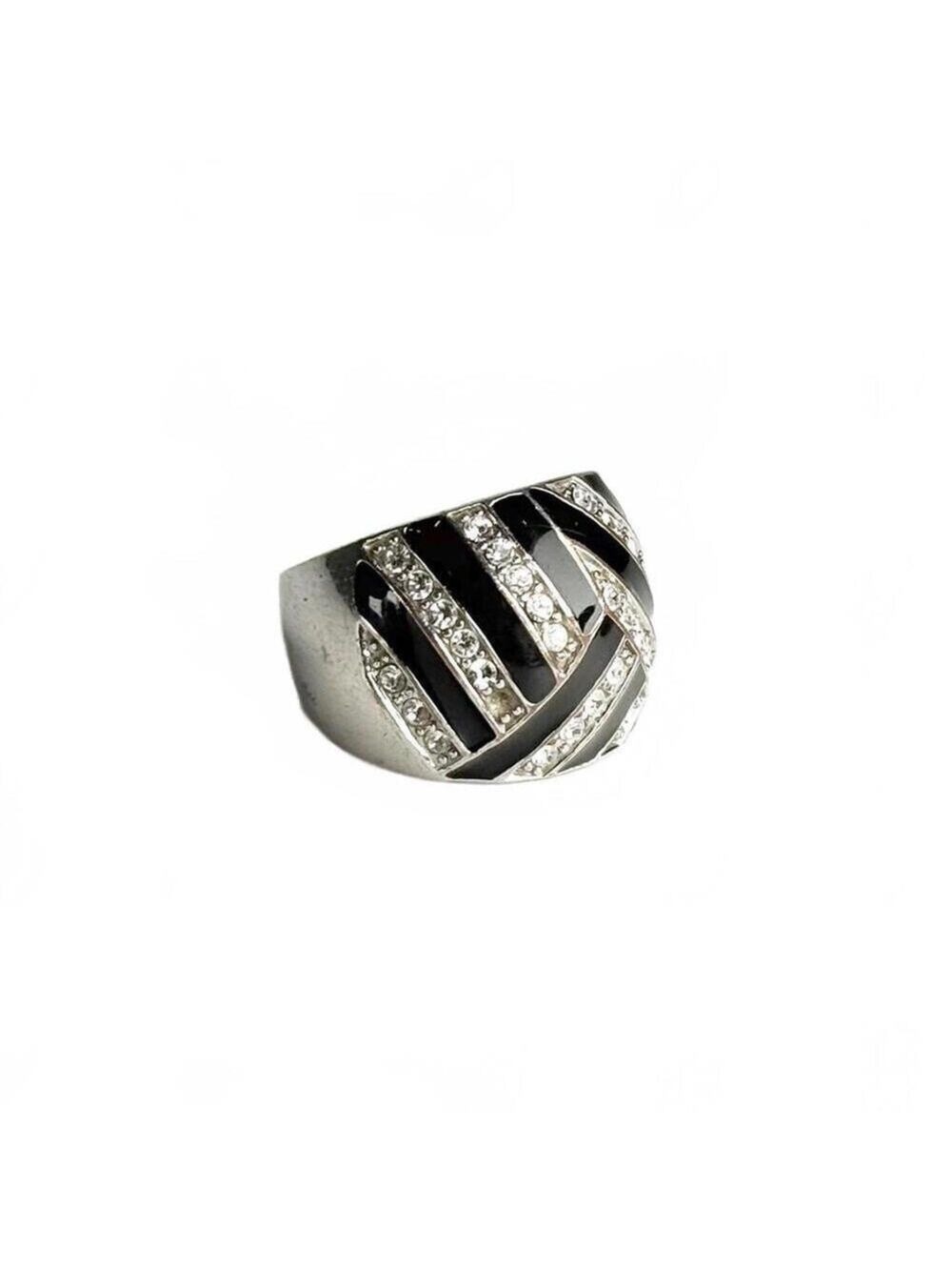 Black Enamel Rhinestone Stripes Geometric Statement Ring Silver Tone Size 5